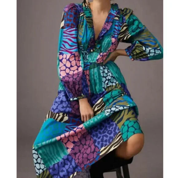 Anthropologie Geisha Designs M NWT Patchwork Maxi Dress Animal Print Long Sleeve - Picture 4 of 8